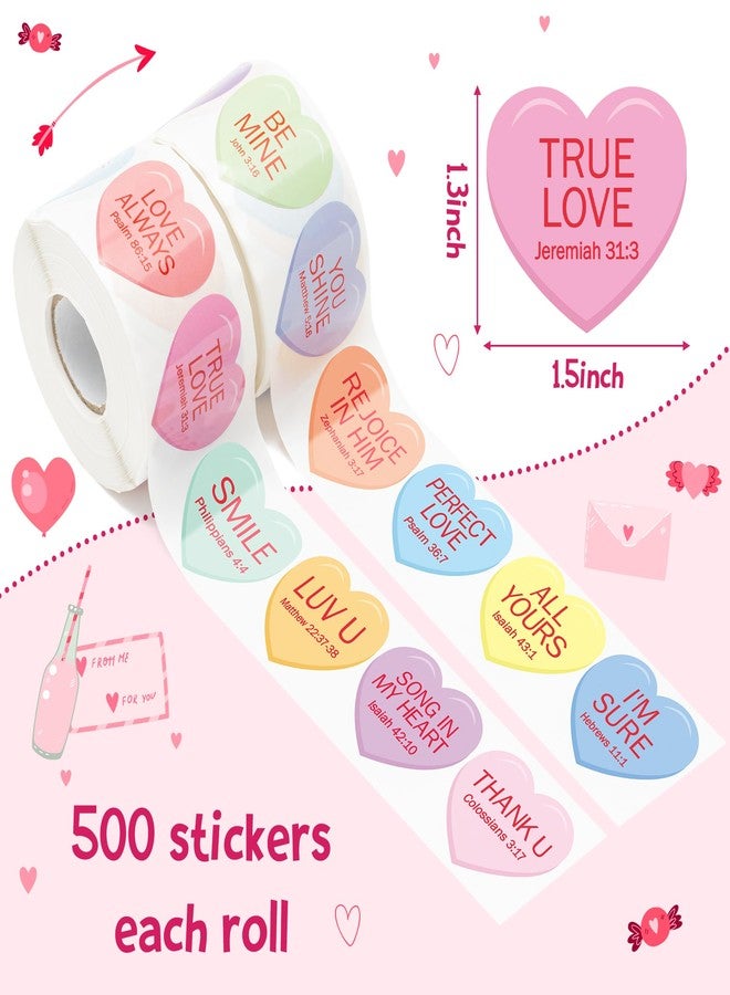 W1cwey 1000pcs Valentine’s Day Heart-Shaped Candy Sticker Rolls (2 Rolls), 16 Designs Valentine’s Theme Jesus Reply from Bible Chapter Self-Adhesive Sticker for Kids Sunday School VBS Supplies (Red) - Image 2